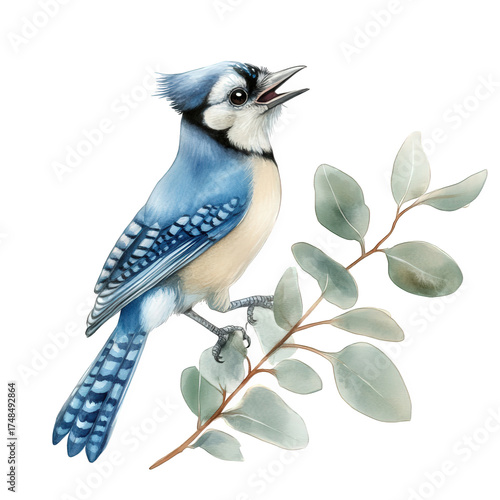 Watercolor painting of a blue jay isolated on transparent background, perched on a eucalyptus branch, its vibrant plumage contrasting with the muted green leaves