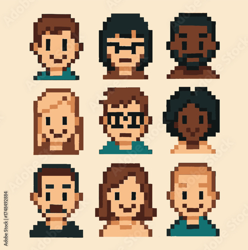 Collection of pixel art portraits showing diverse cartoon faces in retro 8-bit style. Colorful minimalist avatars with simple expressions and hairstyles on a beige background.
