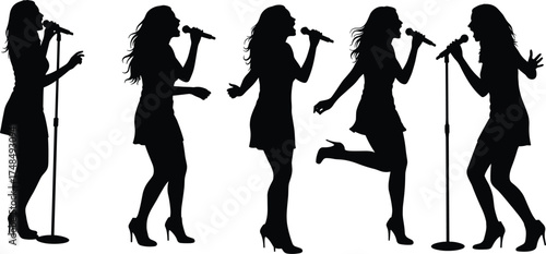 Female singer silhouette performing with microphone, expressive stage poses, dynamic movement, short dress, high heels, concert energy, music passion, elegance.