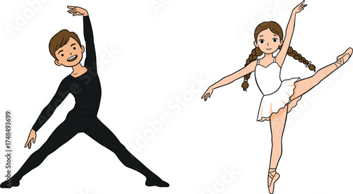 Cartoon ballet dancers, boy and girl, elegant poses, dance movement, black and white outfits, performance art, vector illustration, graceful style