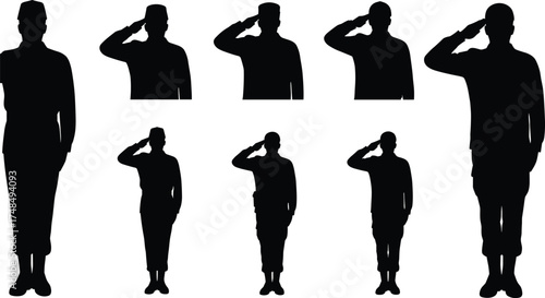 Military personnel silhouettes saluting in uniform, black vector figures in formal posture, discipline, respect, honor, army tribute, patriotism, service pride.