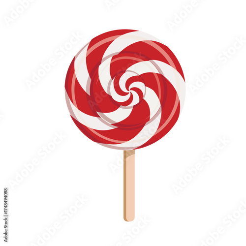 Red and white Christmas candy cane in a spiral shape placed on a plain white background