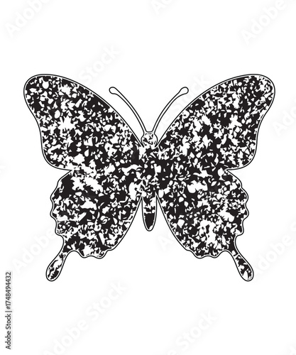 Grunge Butterfly Silhouette Textured Black Vector.