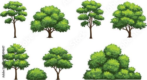 Set of seven diverse green tree and bush illustrations with unique foliage shapes, detailed vector artwork for nature, landscape, and botanical design