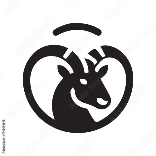 2d goat animal logo with horns on a white background