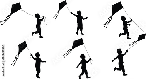Silhouette children flying kites outdoors in playful motion, joyful activity, black figures on white background, summer fun, freedom, happiness, sky.
