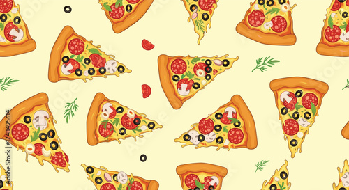 A delicious pattern of pepperoni and mushroom pizza slices on a light yellow background.
