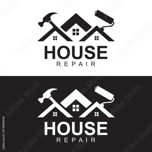 House Repair Logo – Home Renovation Roof Hammer Roller Vector Design