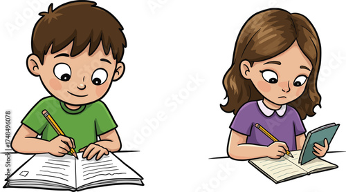 Cartoon children writing, boy and girl, study activity, notebook and pencil, learning moment, school theme, vector illustration, education