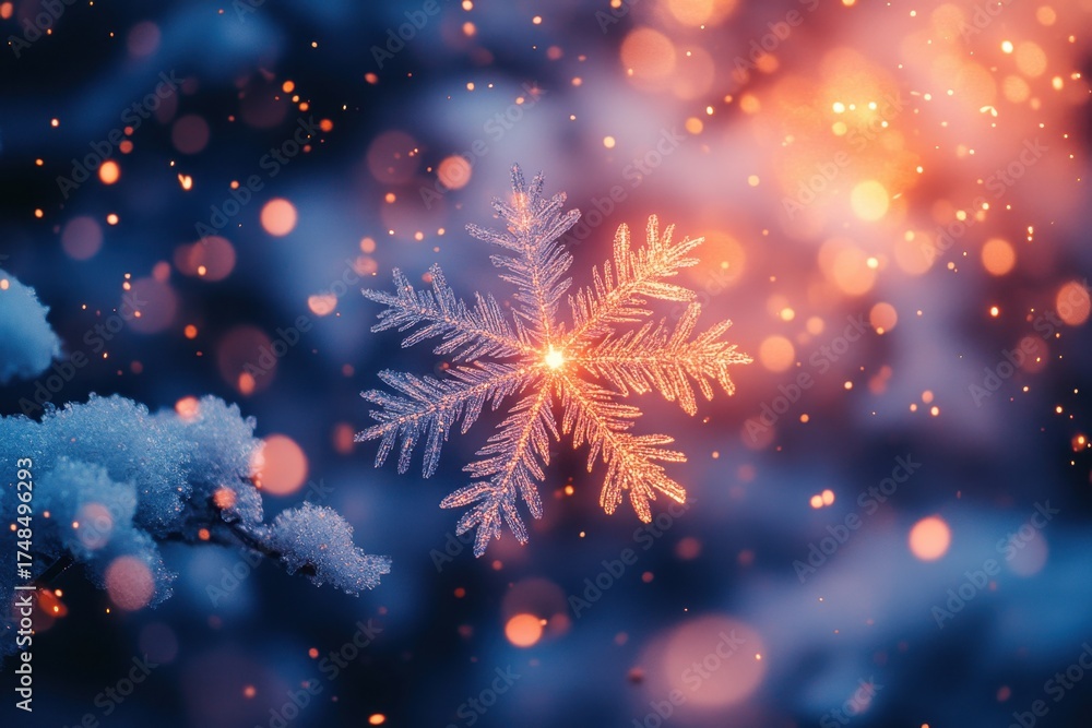 Obraz premium Snowflakes falling gently on a snowy forest floor.