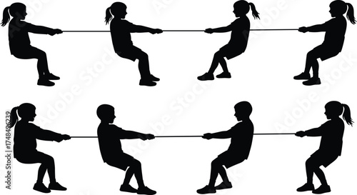 Silhouette of children playing tug-of-war game, black vector teamwork illustration showing competition, strength, childhood activity, outdoor fun, sports design.