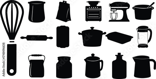 Bakery Equipment Vector Silhouette Set — Whisk, Mixer, Rolling Pin, Oven, Bread Tin, Minimal Black Isolated Tools
