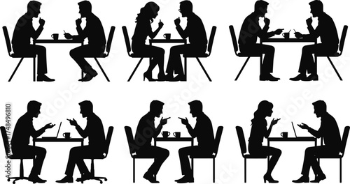 Conversation, silhouette, pair, seated, table, discussion, interaction, communication, casual, meeting, talk, gesture, people, coffee, dialogue, posture, connection, social, vector, illustration
