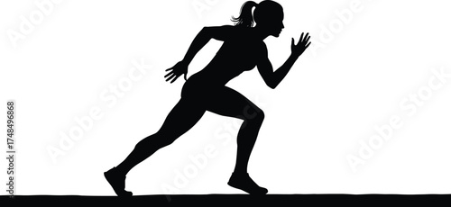 Silhouette of female sprinter with ponytail running fast, black vector sports illustration showing speed, fitness, exercise, training, athletic lifestyle design.