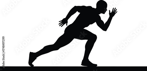 Silhouette of sprinter in motion on ground line, black vector sports illustration showing speed, fitness, athletic training, exercise, dynamic movement design.