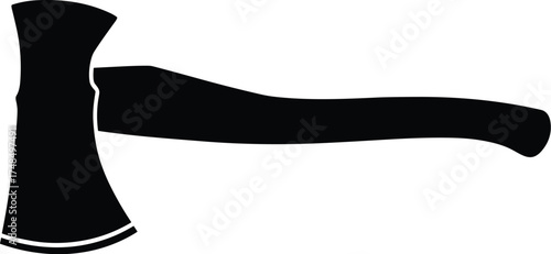 Silhouette of traditional axe with curved blade and long handle, black vector chopping tool for woodcutting, survival, forestry, weapon design.
