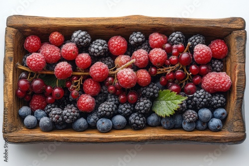 Fresh berries and blueberries on a wooden tray.