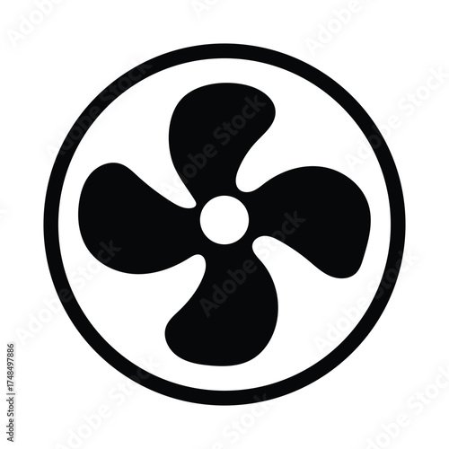Black fan icon: A minimalist, sleek illustration of a four-blade fan, rendered in a bold black against a smooth background. The circular design embodies simplicity and functionality.
