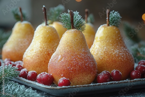 Pears with cranberries on a plate.