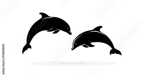 Two graceful black dolphins leaping against a clean white background, with a subtle shadow