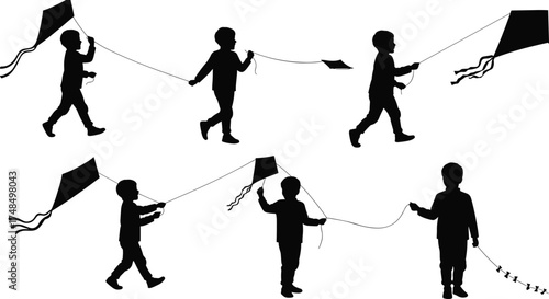 Silhouette vector illustration of children flying kites outdoors, playful kids holding strings with different kite designs in joyful recreational activity