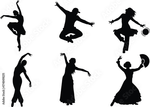 Silhouette vector illustration of diverse dancers performing ballet, flamenco, folk, and traditional dance poses with elegance, rhythm, and movement