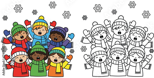 Cheerful Diverse Kids Singing Christmas Carols in Winter Attire with Snowflakes - Festive Holiday Vector Illustration