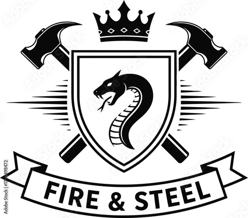 Heraldic emblem with dragon hammers crown and fire and steel banner