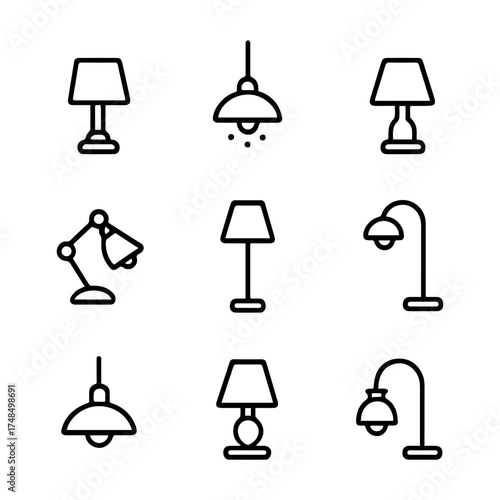 set of outline icons lamps vector on a white background
set of 9 line icons, vector, on a white background