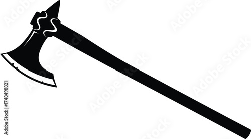 Stylized fantasy battle axe with long handle and ornate curved blade, black vector medieval weapon design for combat, warrior, ceremonial art.