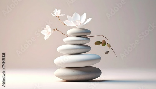 Zen Stone Stack with White Lotus Flowers  Spa with Meditation, and Calm.