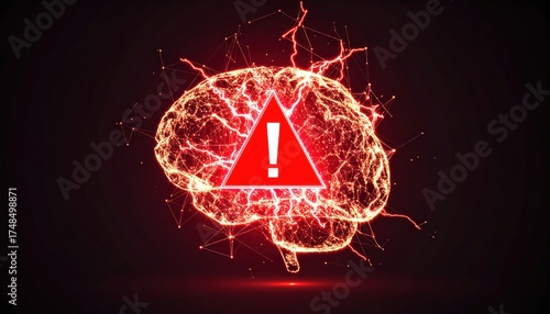 Brain with red exclamation mark with brain damage, mental health, and warning.