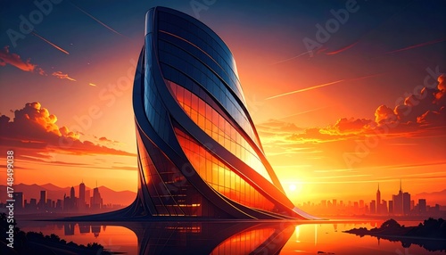 Futuristic Building at Sunset with City Skyline, and Reflected in Water.