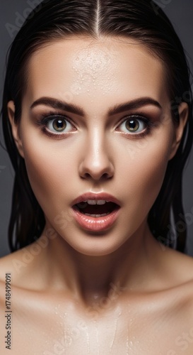 Surprised Woman with Wet Face and Fresh Skin Expression Representing Beauty Portrait and Skincare Concept
