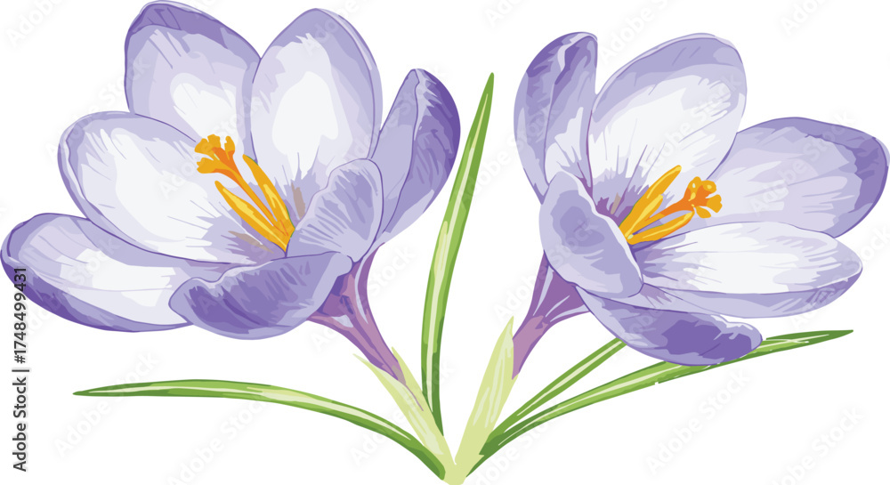 Naklejka premium Vector illustration of blooming crocus flowers with purple and white petals, yellow stamens, botanical spring floral artwork design for decorative background