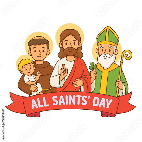All Saints' Day Illustration – Cartoon Holy Figures with Halos, Banner, and Religious Symbolism