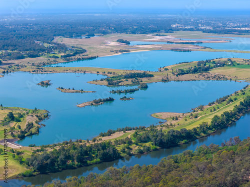 Drone aerial photograph of the Nepean River and large water reservoirs in the Cumberland Plain region of Hawkesbury Heights looking towards Penrith in NSW, Australia.