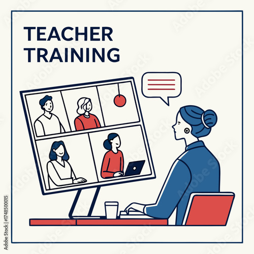 Teacher training webinar — educators attending professional development session online, video chat layout, organized and professional vector composition.
