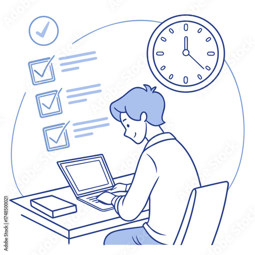 Online exam concept — student sitting at desk taking test on laptop, clock and checklist icons around, minimal clean vector style, soft blue tones.