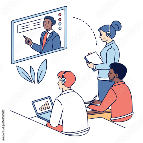 Webinar and tutorial session illustration — professional trainer teaching via laptop screen, participants with notebooks, flat business-style vector.