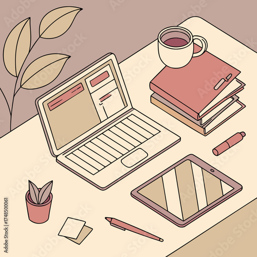 Creative study desk scene — open laptop, books, coffee mug, stationery, and digital tablet on table, top view vector illustration, cozy warm tone