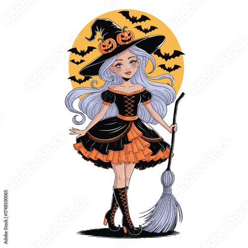 Halloween Witch Illustration – Silver-Haired Sorceress with Pumpkins, Broom, and Moonlit Magic