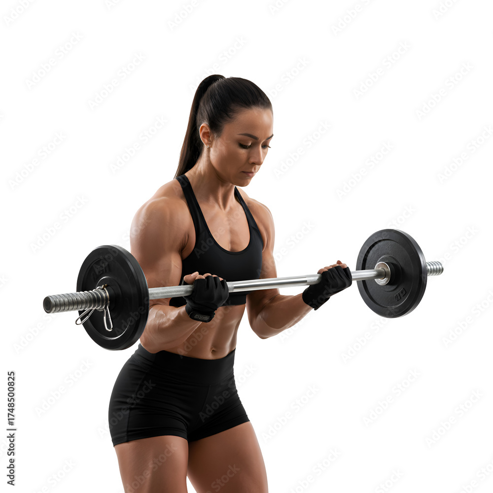 Obraz premium Fitness Woman Barbell Curl Exercise on white background