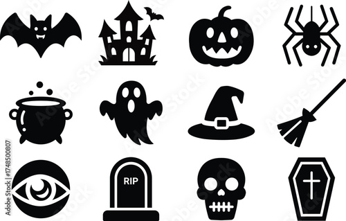 A set of Halloween icons, including pumpkins and ghosts, Vector Halloween icons featuring spooky designs