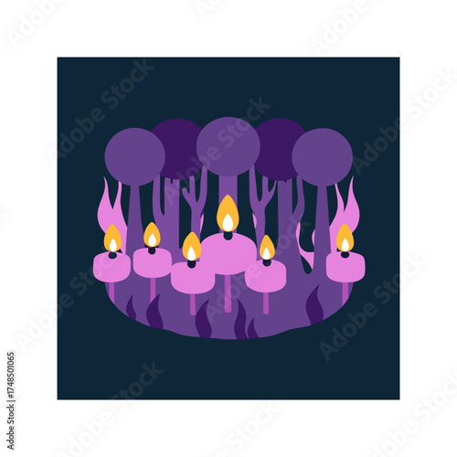Abstract illustration of a mystical forest with glowing purple trees and lit candles creating a magical and enchanting atmosphere