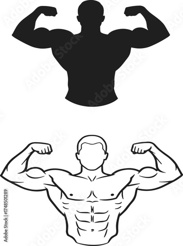 Vector illustration of muscular male bodybuilder flexing arms in classic strong pose, silhouette and detailed anatomy drawing fitness strength concept