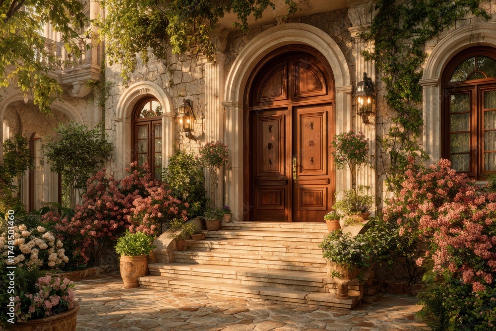 Fototapeta premium Elegant white mansion facade featuring a marble staircase, gold accented door, ionic columns, lanterns, and floral arrangements