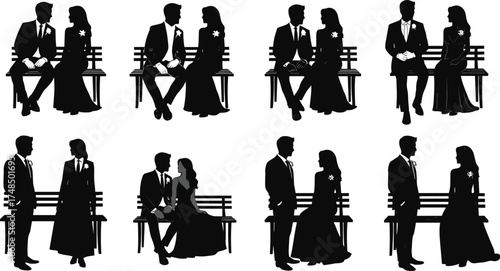 Romantic couple silhouette, wedding bench pose, black and white love illustration, formal attire, intimate moment, elegant design, timeless romance