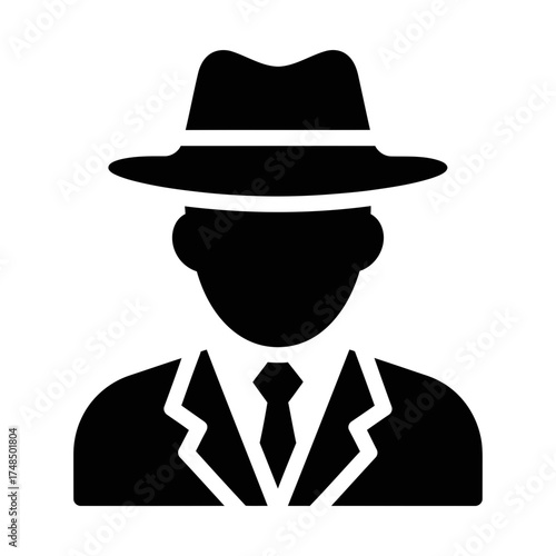 silhouette man with hat glyph icon representing mystery, elegance, and classic style