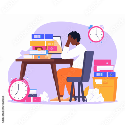 Overwhelmed employee struggling with his job. Great visual for themes of anxiety, pressure, and the need for better office organization.